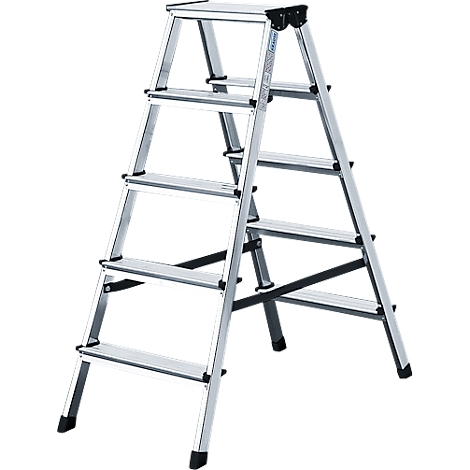 A silver step ladder with five steps, ready for use. Black rubber feet ensure a secure stand.