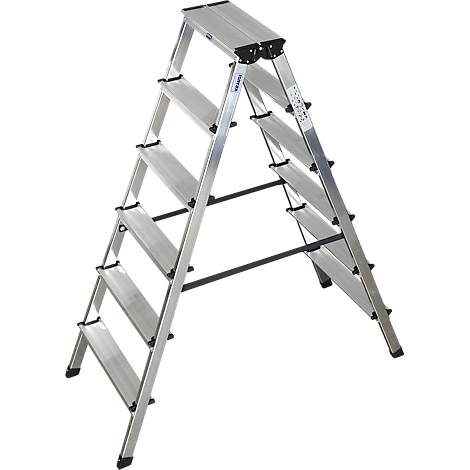 A silver stepladder, freestanding, with six steps, stands against a white background.