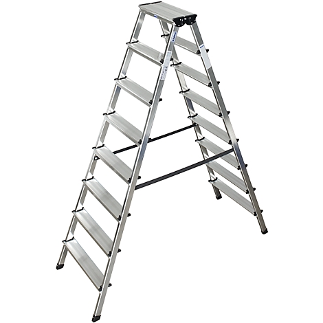 A silver step ladder stands upright. The steps are also silver, the feet are made of black plastic.
