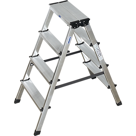 A silver stepladder on a white background. It has four steps and black connections. The inscription "KRAUSE" can be seen on the side.