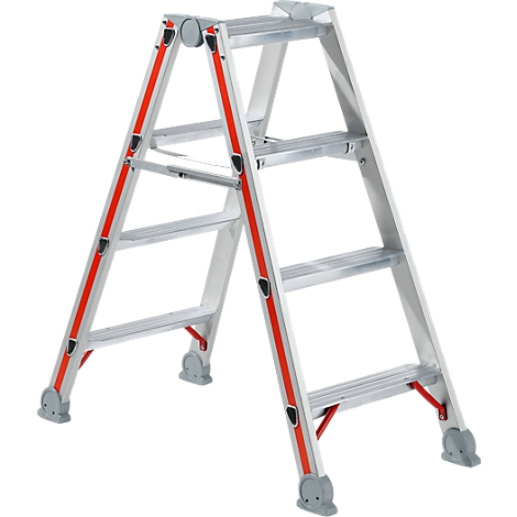 Aluminum ladder. Red and white stripes on the sides. Gray feet and steps.