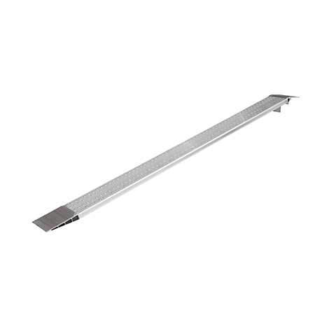 A silver metal ramp isolated on a white background. It has a grooved surface.