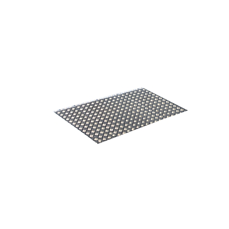 A rectangular, silver grid pattern on a white background. The surface is structured with square recesses.