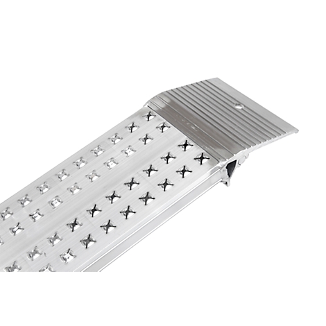 A silver wheelchair ramp with cross pattern and a ribbed top edge.