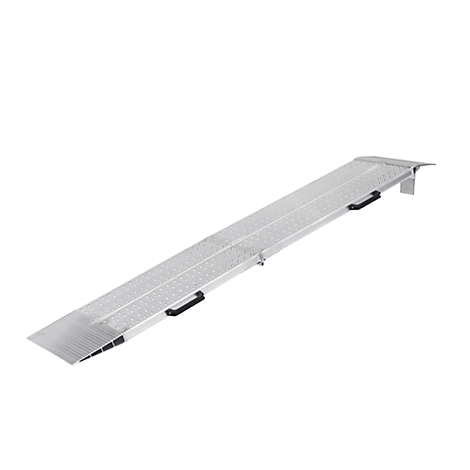 Silver wheelchair ramp with two black handles. It stands at an angle against a white background.