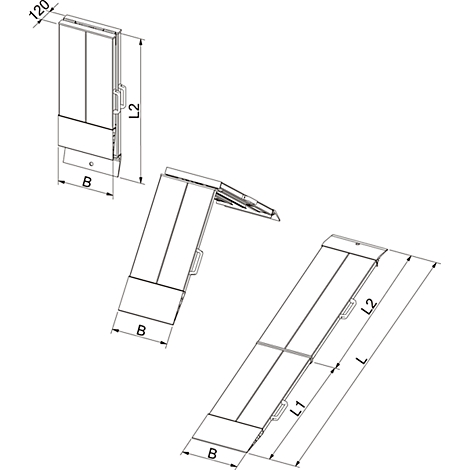 3D rendering of a ramp shown at different angles. With dimensions for width, length and height.