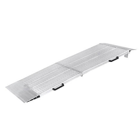 Silver wheelchair ramp, diagonally from top left to bottom right. With handles and non-slip surface.