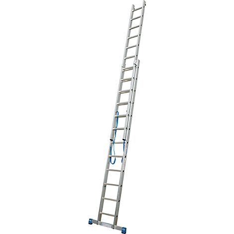 Extendable aluminum ladder on white background. Blue straps secure the ladder.