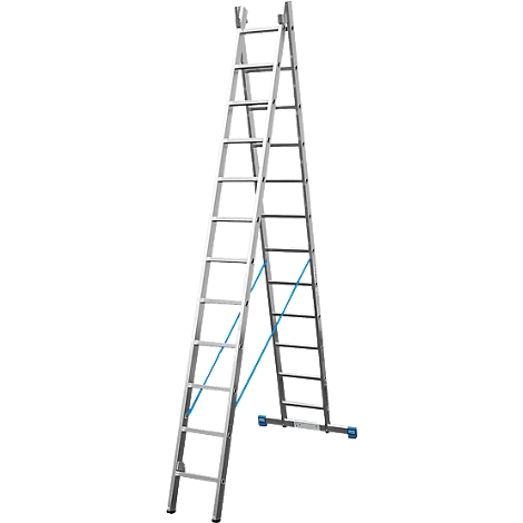A silver, free-standing ladder that splits into two sections. Blue struts stabilize the construction.