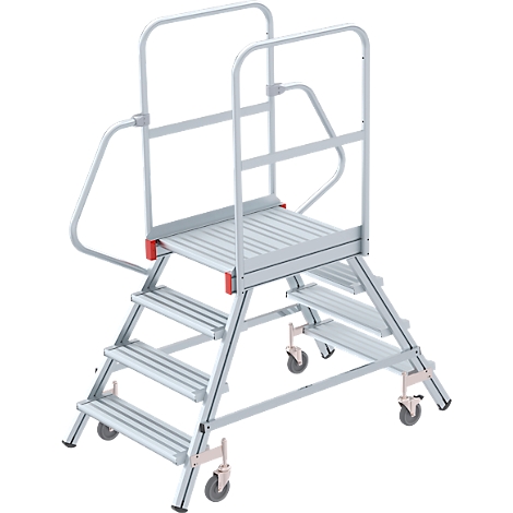 Scaffolding with four steps, a work platform, and a handrail. The silver scaffolding has red elements and stands on wheels.