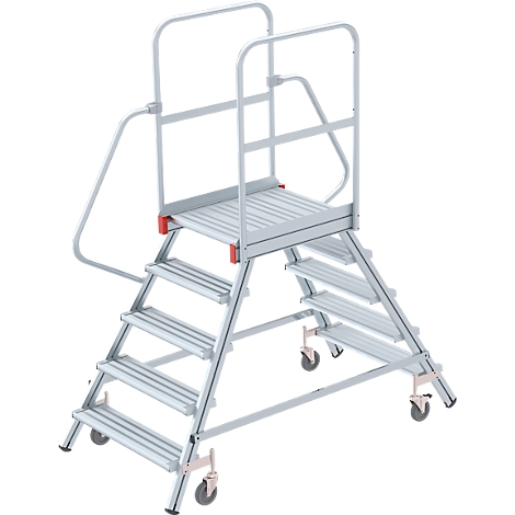 A silver-colored stepladder with four steps and a platform, with railings and wheels.