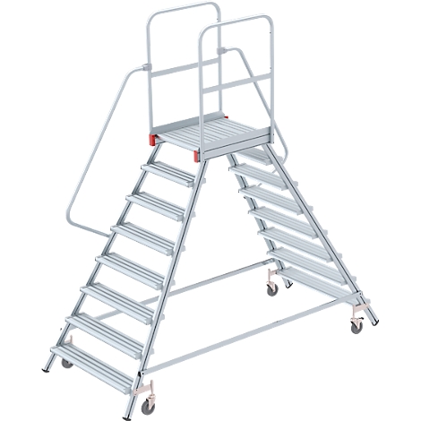 A silver rolling platform ladder with a platform at the top, railings and wheels.