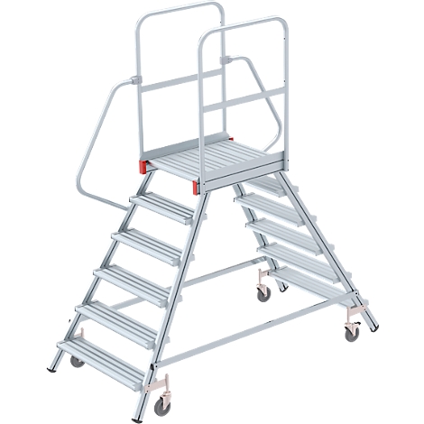 Silver stepladder with platform and handrail. Six steps lead to the platform with railing. Wheels on the feet.
