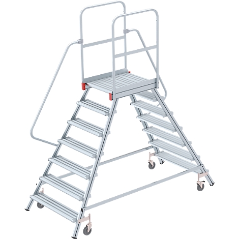 Grey work platform with stairs, platform, and railing. Castors are attached to the feet.