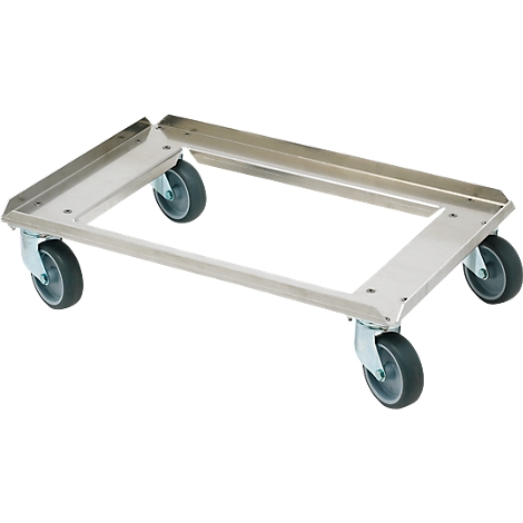 Metal dolly with four wheels, for transporting heavy objects.
