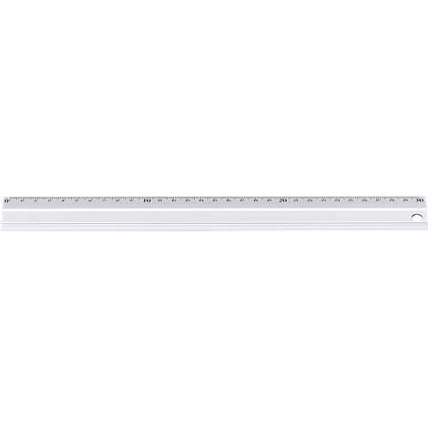 A transparent white ruler, measuring up to 30 cm or 300 mm, with number markings and a hole at the end.