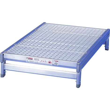 Aluminum platform with non-slip surface and four legs, at a slight angle. Stickers with technical data.