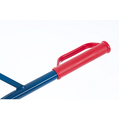 Close-up of the red handle of a blue device, with a red handle bracket, on a white background.