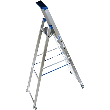 A silver stepladder with blue accents, on wheels. A black bracket at the top.