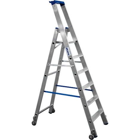 A silver stepladder with blue accents and rollers. Left: Krause logo.