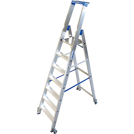 A silver stepladder stands against a white background. Blue elements accent details.