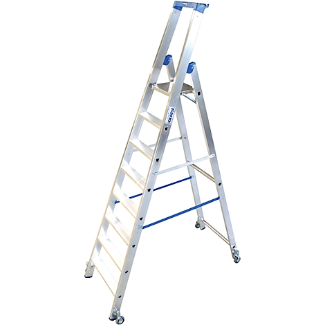 A silver ladder with blue details stands against a white background.