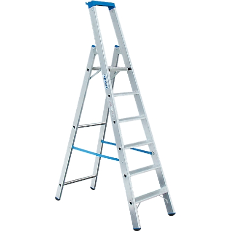 A silver aluminum stepladder with blue accents. The rungs are clearly visible, as is the blue footrest.