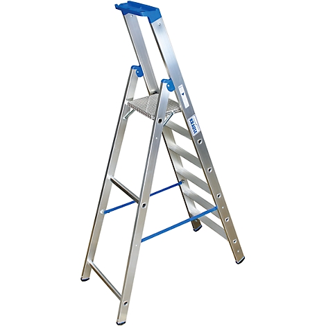 Aluminum step ladder. Blue accents on the joints and on the top step. Metal step board.