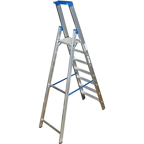 A silver step ladder with blue accents, ready to be set up. The "KRAUSE" logo can be seen on the side.