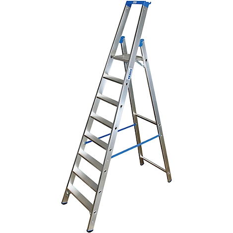 A silver, freestanding ladder with blue accents on the sides.