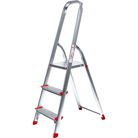 Gray three-step stepladder with red step edges against a white background.