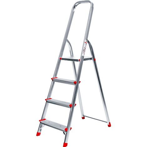 A silver stepladder with red accents and four steps. The ladder stands against a white background.