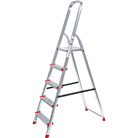 Aluminum step ladder with five steps, red rubber feet and handrail.