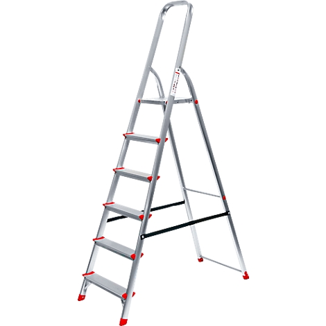 Silver step ladder with red accents against a neutral background. Five steps, safety bar.