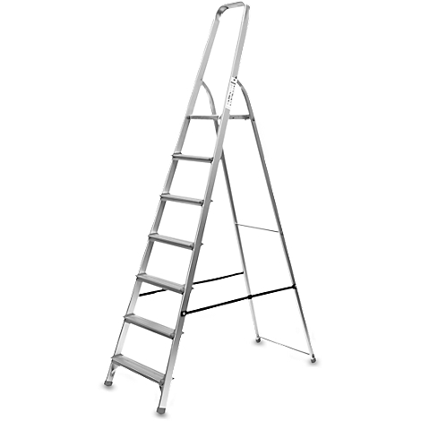 Gray aluminum stepladder with seven steps, standing on a white background.
