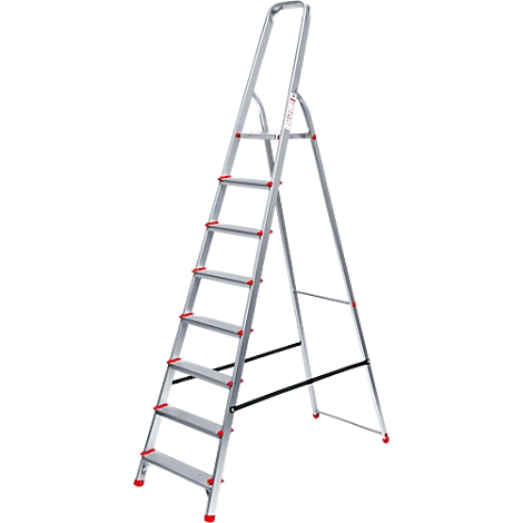 Silver stepladder, seven steps, red details.
