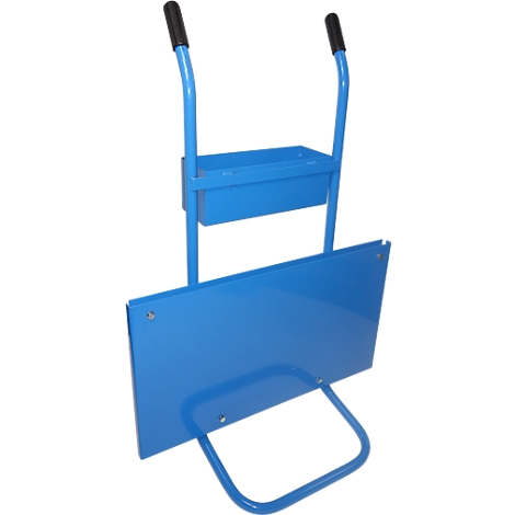 Blue hand truck with handles and a storage surface.