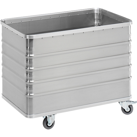 Large, rectangular metal container on castors.
