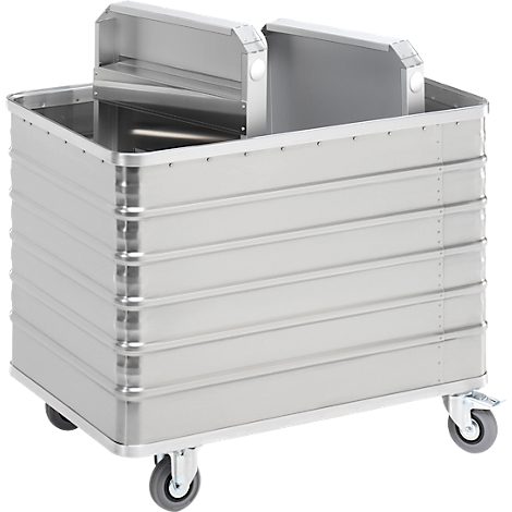Silver metal container on wheels with two upright flaps.