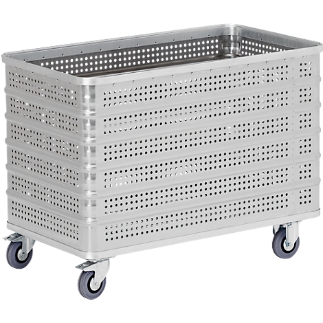 A rectangular metal cart with perforated sides and four wheels. The cart is empty.