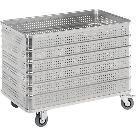 A rectangular, perforated metal container on wheels. The sides of the container are covered with a multitude of small holes.