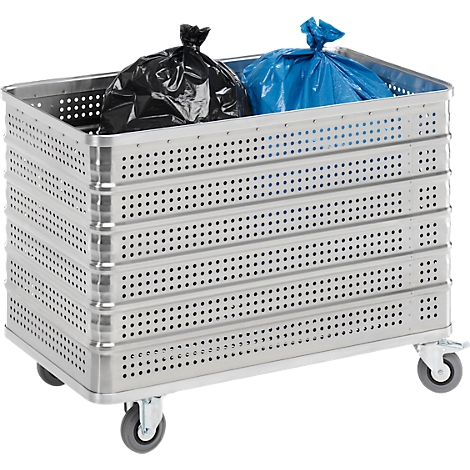 A silver waste bin on wheels, filled with a black and a blue garbage bag.