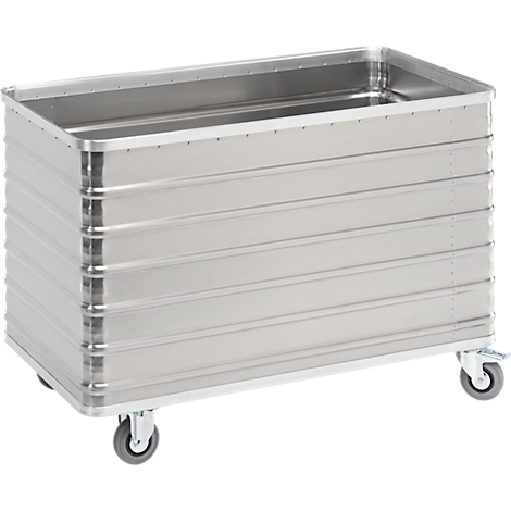Silver transport trolley with wheels, horizontally grooved.