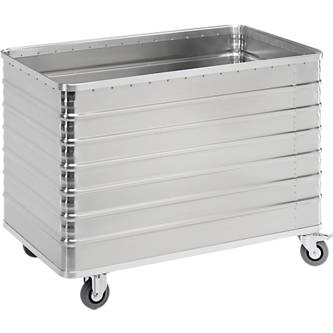 Metal box with wheels. The box is silver-colored and has horizontal ribs. Wheels are attached to each corner.