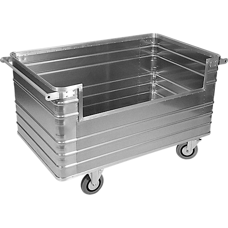 Silver, rectangular transport box with wheels and side handles.