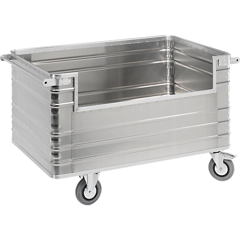 Silver transport container on wheels, open, with reinforced corners and handles.