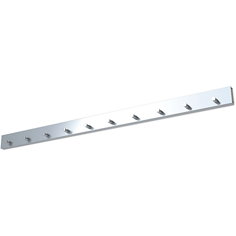 Metal coat rack with eight hooks. The coat rack is silver and has a rectangular shape.