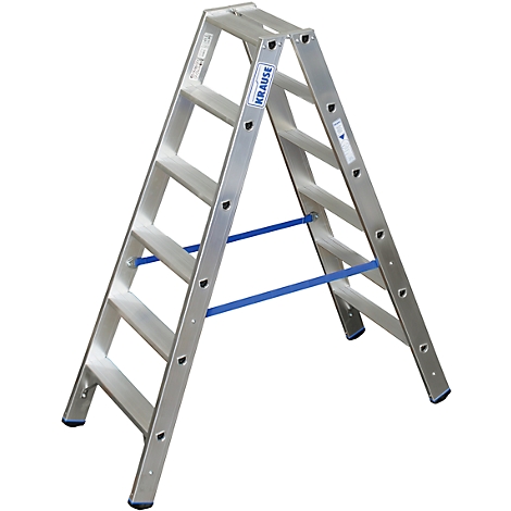 Silver ladder, stands stable on four feet. Blue stabilizing bars, manufacturer logo.
