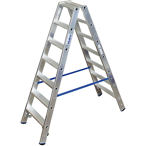 Silver stepladder. Blue struts connect the ladder halves. Inscription "KRAUSE".
