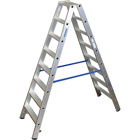 Aluminum A-frame ladder, blue-gray. The ladder is spread apart, with struts. 'KRAUSE' lettering on the spar.